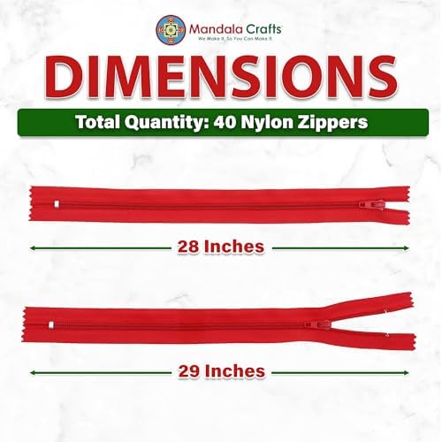 Mandala Crafts 40 PCs Red Closed-End 28 Inches Nylon Zippers for Sewing