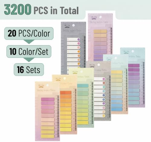 Mr. Pen- Colorful Sticky Tabs, 16 Sets, 3200 pcs, Translucent Page Markers