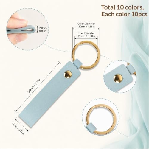 100 Pcs PU Leather Keychain Blanks, 10 Colors Blank Leather Keychains for Engravingwith Key Rings for DIY Craft, Stamping and Leather Working Projects