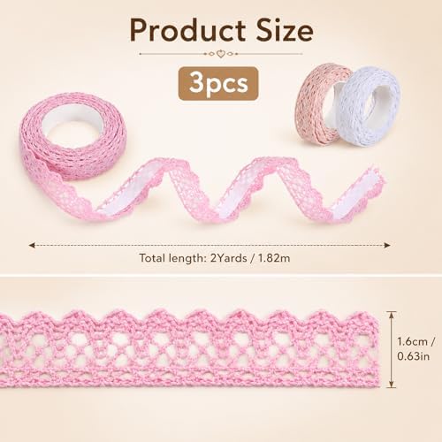 3 Rolls 0.6" Wide 2 Yards Self-Adhesive Lace Tape Lace Ribbon, Vintage Cotton Washi Trim Stickers Masking DIY Craft Decorative Tapes for Arts, DIY Crafts, Scrapbooking, Gifts Decoration, 3 Colors