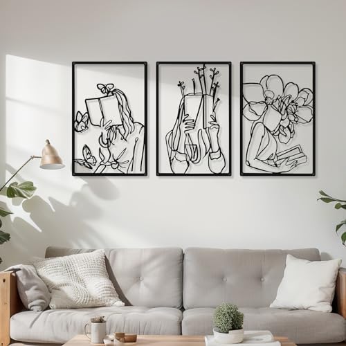 CHENGU 3 Pieces Metal Minimalist Abstract Woman Wall Art Line Drawing Wall Art Decor Single Line Female Home Hanging for Kitchen Bathroom Living Room