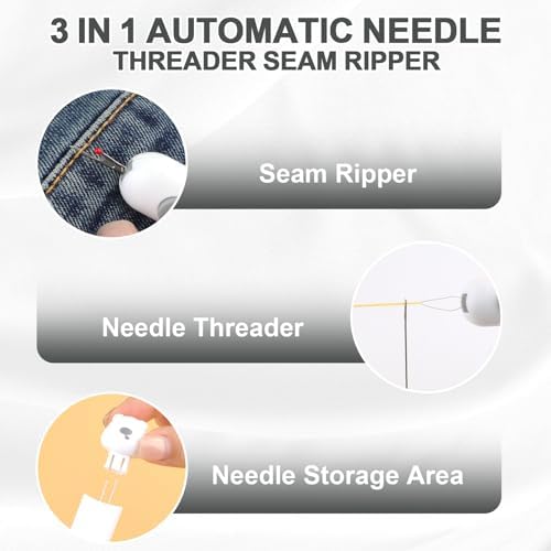 Automatic Needle Threaders Seam Ripper, Upgraded 3 in 1 Sewing Needle Threader Tool, 2Pcs Stretchable Quick Seam Rippers with Needle Storage for Hand Quilling, Embroidery Stitch Removal(Grey)