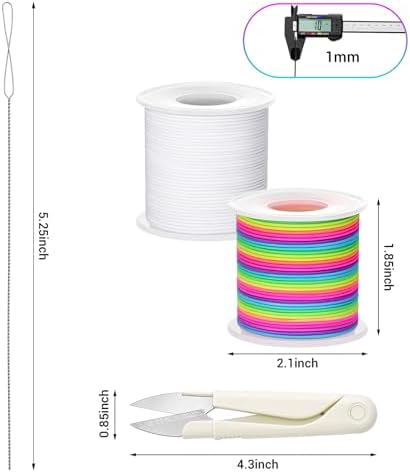 Stretchy Bracelet String Kit with Scissors & Beading Needle, 2 Rolls Elastic String for DIY Crafts, 1mm Stretchy Cord for Jewelry Making Sewing Necklace Beading, 330FT, (White, Rainbow)