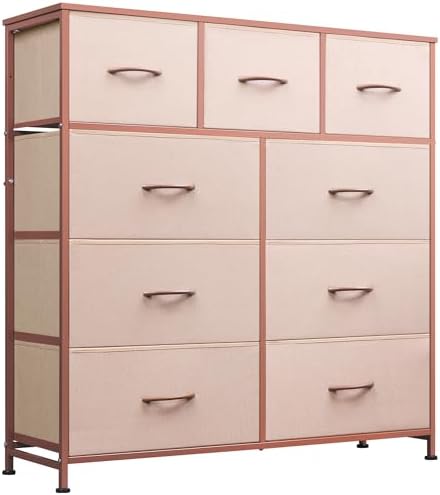 WLIVE Tall Dresser for Bedroom, 9 Drawer Chest of Drawers, Pink | 9 roomy fabric drawers, Tall storage design, Bedroom or closet use, Sturdy steel frame, Smooth wood tabletop