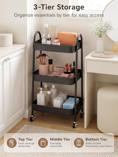 Booklov Rolling Makeup Cart Organizer, 3 Tier Utility Storage Cart, Black
