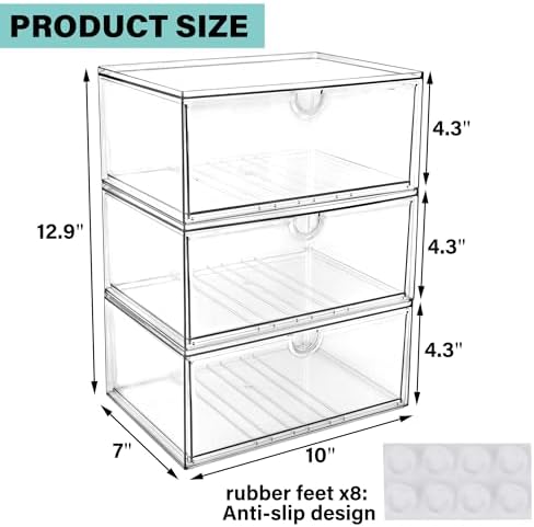Prsildan Acrylic Makeup Organizer, 3 Pack Stackable Clear Storage Drawers for Baby Bottles Desk Organizers with 3 Drawers for Countertop Vanity Nursery Modular System for Cosmetics Jewelry