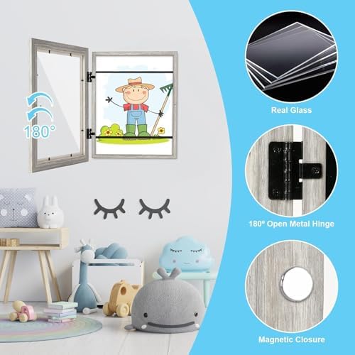 GULETHUN [2-Pack] Kids Art Frames, 9x12 Front Opening Kids Artwork Frames Changeable, Light Wooden Color Artwork Display Storage Frame for Wall, Holds 50 Pcs, for 3D Picture, Crafts, Children Drawing