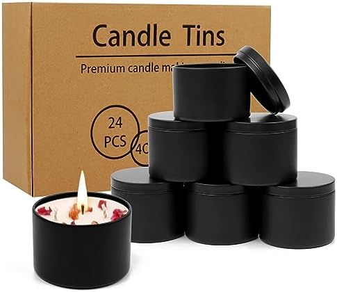 DINGPAI 24 Pcs Candle Tins, 4 oz Black Empty Candle Tin with Lids
