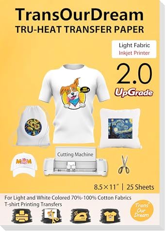 TransOurDream Heat Transfer Paper for Light Shirts(25 Sheets, 8.5x11),Printable HTV Heat Transfer Vinyl for Inkjet Printers