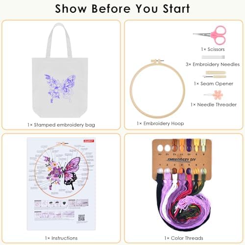 ERKOON Embroidery Canvas Tote Bag for Beginners, Needlepoint Arts Crafts Cross Stitch Kits for Adults Including Stamped Embroidery Bag with Hoops, Needle, Instruction and Color Threads (Butterfly)