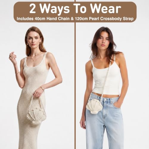 DIY Crochet Shell Purse Kit for Beginners – Handmade Yarn Bag Making Set with Two Pearl Chain Straps, 10mm Pearl Beads, Silver Hardware & Instructions – Easy Beginner Crochet Bag Craft Gift for Adults