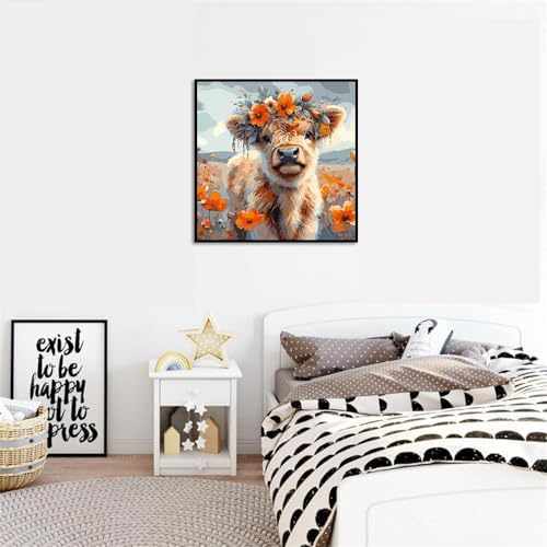 AALBLAC Cow Paint by Numbers for Adults - Highland Cow Flower Paint by Numbers for Adults Beginners, Acrylic Simple Paint by Number Canvas for Gift Home Decoration (16x16 Inch)