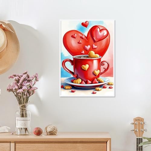 MVVMTOP Diamond Painting Kit for Adults 5D DIY Red Heart-Shaped Coffee Cup Full Drill Round Diamond Art Kits for Beginners Crystal Rhinestone Embroidery Painting Home Wall Decor Gift