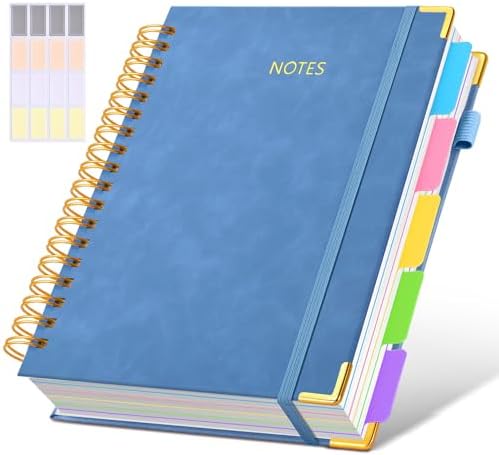 Hardcover Spiral Notebook Journal with Removable Dividers Tabs, 300 Pages Leather 5 Subject Notebook College Ruled, 8"x10" Large B5 Notebooks for Work School, Lined Journal for Women, Light Blue