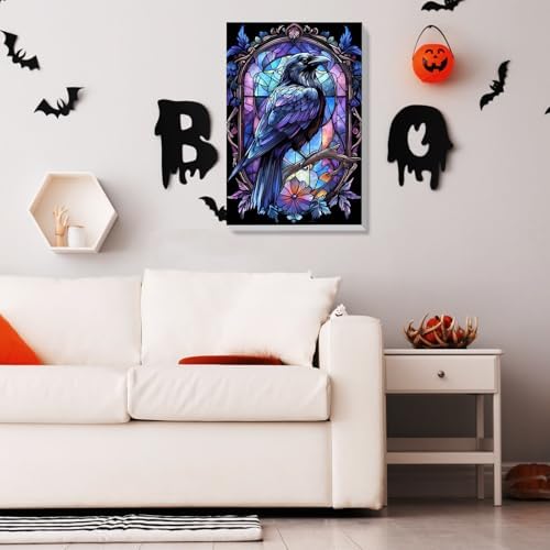 Bowetile Raven Stained Glass Framed Paint by Numbers for Adults, Gothic Crow Adults' Paint-by-Number Kits on Canvas, Acrylic Number Painting Kits Halloween Gifts for Home Decor, 8x12in