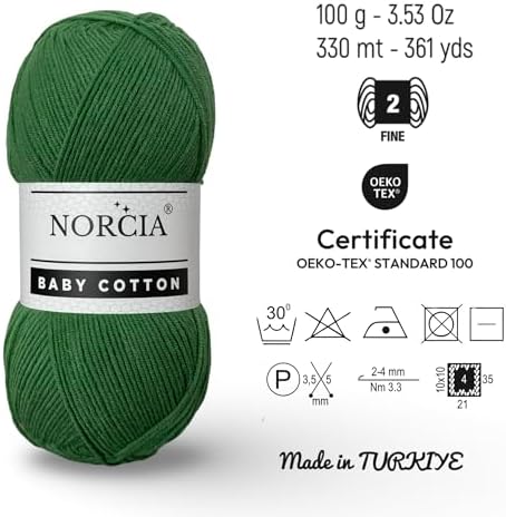Baby Cotton, 55% Cotton 45% Acrylic Yarn, Fine/Sport (2) for Crochet and Knitting, Soft Amigurumi Yarn, 100 gr (361 yds)