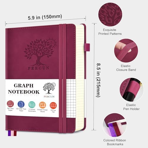 Graph Paper Notebook 5.9"×8.5", 160 Pages Grid Notebook, A5 Graphing Paper | Hardcover Leather Journal for Women & Men,100 Gsm, Grid Spacing 5mm x 5mm, Medium Size, Grid notebook for Work, School, Math