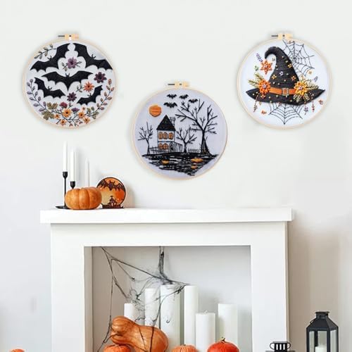 Floral Witch Hat Embroidery Kit Halloween Cross Stitch Material Set with Bat Skull Flower Pumpkin Patterns, DIY Hand Needlepoint Embroidery Craft Kit for Beginners Professional (Haunted House)