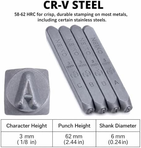 NEIKO 02631A Number and Letter Punch Set with Heat-Treated Steel Punches, Imprinting & Arts and Crafts, 1/8" (3 MM) Shaft, 36 Pc Stamp Set, Uppercase Letter & Number Punch Set (A-Z / 0-8 / "&")