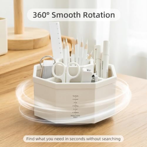 Jekelife 360 Degree Rotating Pen Holder,5-Compartment Desk Organizer,White