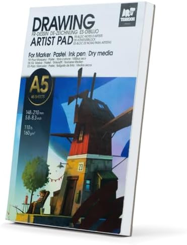 TRANSON A5 Small Sketchbook Marker Pad, 110lb/160gsm Heavyweight Art Paper, No Bleed Through, 65 Sheets/130 Pages 5.8"x8.3" for Drawing & Sketching