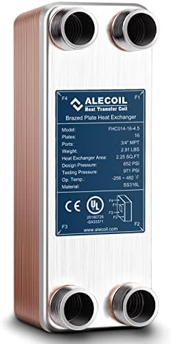 ALECOIL 3"x8" 16 Plates Heat Exchanger with 3/4" MPT Port Water to Water 316L Stainless Steel Brazed Plate Heat Exchanger for Water Heating, Floor Heating, Commercial and Industrial Refrigeration