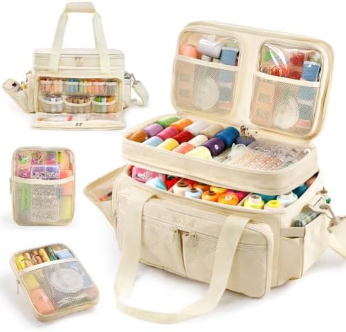 AMOIGEE Sewing Organizer Bag with 2 Clear Storage Boxes, Double Layer Sewing Storage Bag with Removable Pouches & Adjustable Dividers for Thread, Needles, Scissors, Embroidery Floss&Craft Accessories