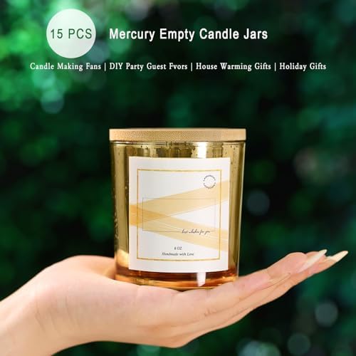 LAMORGIFT 15 Pack Glass Candle Jars With Lids (8oz, Gold) - Empty Containers for Making Candles - Mercury Glass Jars With 20 Pcs Labels - Accessories Included