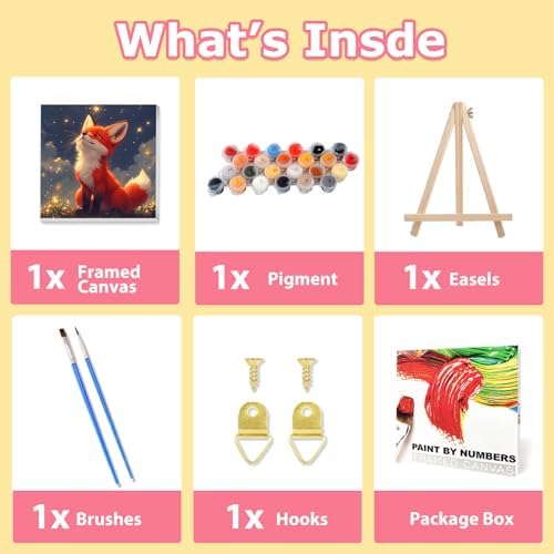 hkejoi Fox Paint by Numbers Kit for Kids, Fox Paint by Number for Kids Framed and Easel, Painting by Numbers, Easy DIY Crafts for Gift Home Wall Decor 8x8 in