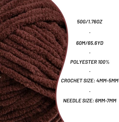 Plush Chenille Chunky Crochet Yarn - Baby Yarn for Crocheting Soft - Velvet Yarns Knitting for Blankets Crafts - Fluffy Amigurumi Yarns 50g / 65.6yd (Dark Coffee)