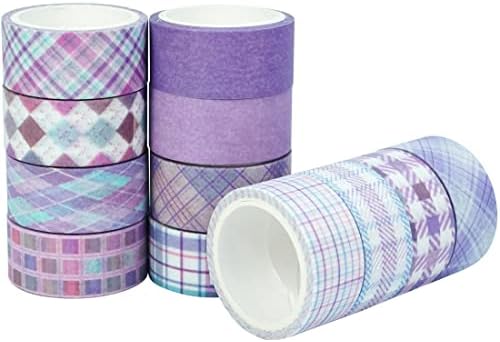 Basic Grid Washi Tape Set 12 Rolls Plaid Decorative Masking Tapes for Arts, DIY Crafts, Journals, Planners, Scrapbook, Wrapping (Purple)