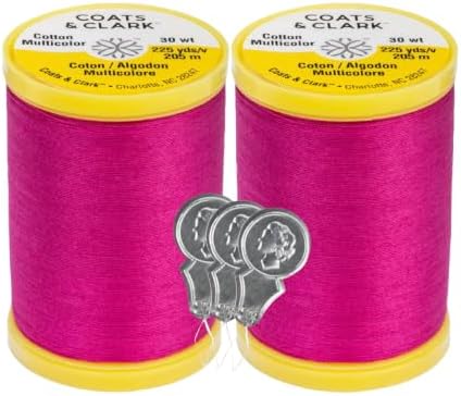 Coats & Clark Cotton All Purpose Sewing Thread 100% Mercerized Cotton 225 Yards Each Spool S970 2 Pack Bundle with 3 Bella's Crafts Needle Threaders (Red Rose)