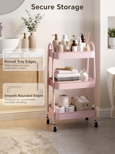 Booklov Rolling Makeup Cart Organizer, 3 Tier Utility Storage Cart, Pink