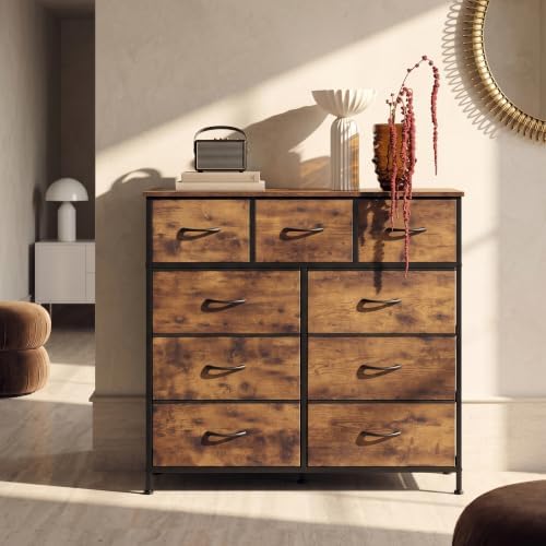 WLIVE Tall Dresser for Bedroom, 9 Drawer Chest of Drawers, Rustic Brown | 9 roomy fabric drawers, Tall storage design, Bedroom or closet use, Sturdy steel frame, Smooth wood tabletop