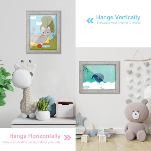 [2-Pack] Kids Art Frames, 8.5x11 Front Opening Kids Artwork Frames Changeable, Grey Wood Grain Artwork Display Storage Frame for Wall, Holds 50 Pcs, for 3D Picture, Crafts, Children Drawing, Hanging