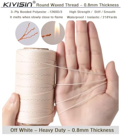 Heavy Duty Round Waxed Thread, 0.8mm, 218 Yards, Off-White, Bonded Polyester Wax Coated Cord String for Leather Sewing, Upholstery, Whipping Twine, Basket Weaving, Macrame, and Jewelry Making