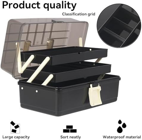 WEWLINE 13-Inch Art Storage Box 3-Layers Plastic Storage Box with Handle Craft Art Bin Portable for Home School Office Travel, Black