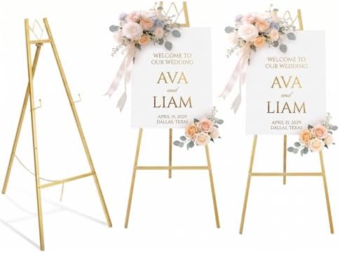 GRENTY 2 Pack Gold Easel Stand for Wedding Signs – No Assembly Needed, Heavy Duty Metal Display Stand for Art, Welcome Signs, Posters, Pictures, Paintings, and Floor Décor