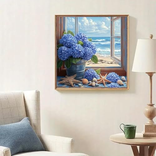 GEWOUVIN Window Side Hydrangea Diamond Art Kits for Adults,Seaside Diamond Painting Kits for Adults Beginners,DIY Full 5D Round Drill Gem Art Kits for Gift Home Wall Decor【13.8x13.8inch】