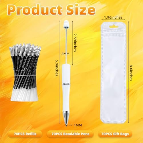 210 Pieces DIY Beadable Pen Bulk Kit – 70PCS Ballpoint Pen with Refills & Bags – Perfect for Beads Pens Supplies, Beaded Pens for DIY Crafting – Office Supplies & Teacher Accessories (White)