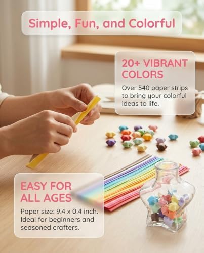 jojofuny Lucky Star Origami Kit with Glass Wish Bottle, 540pcs Paper Strips