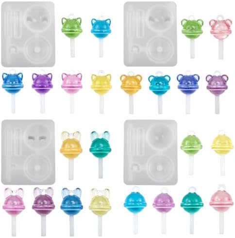 3D Cartoon Animal Lollipop Shaker Silicone Molds,4 Pack Cute Bear Cat Candy Resin Casting Mold with Hanging Hole, Keychain Pendant Jewelry Making Tool for Epoxy UV Resin Art