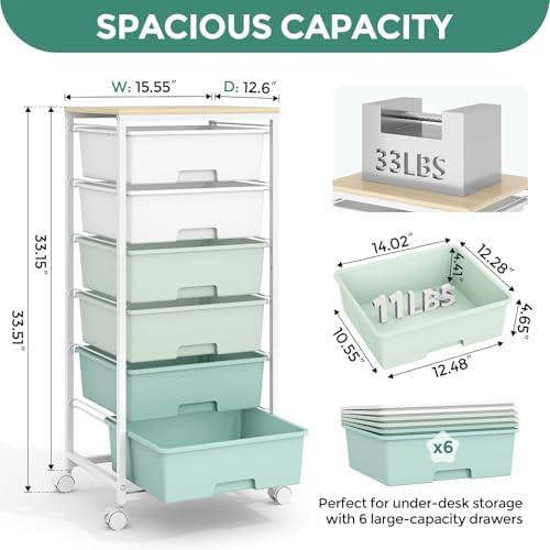 6 Drawer Rolling Storage Cart with Wooden Top and Wheels for Crafts,Green