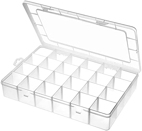 Gbivbe Large 24 Grids Plastic Organizer Box Adjustable Dividers,Clear Storage Box for Jewelry, Art DIY Crafts, Washi Tapes, Beads and Small Parts