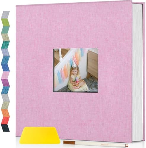 Popotop Photo Album Self Adhesive with Picture Display Window,60 Pages DIY Scrapbooking Supplies Kit for 4x6 8x10 Picture,Linen Cover Memory Book for Baby Wedding, with Scraper and Metallic Pen