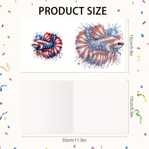 6-Piece 5D Diamond Art Greeting Card Kit with Envelopes, USA Independence Day Goldfish Design, DIY Special Shape Diamond Painting Greeting Cards for Adults, Handmade Card Craft Holiday Gift, 30x15cm