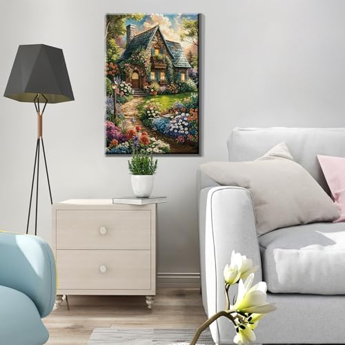 JOOZ Paint by Numbers Kit for Adults with Frame, Landscape Paint by Number Canvas, House Flowers Paint by Number with Easel, DIY Acrylic Oil Painting Kit for Home Wall Decor 8 x 12 Inch