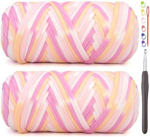 2 Pack Tshirt Yarn for Crocheting,Rainbow T Shirt Chunky Elastic Fabric Thick T-Shirt Crochet Yarn for Beginners Crocheting Hand Knitting Bag/Basket/Coasters/DIY Crafts/Home Decor 2 * 200G-Pink Tone
