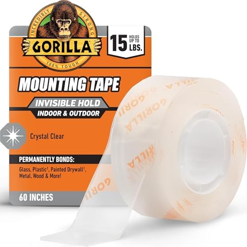 Gorilla Invisible Hold Mounting Tape, Holds Up to 15 lbs, Clear, 1" x 60"