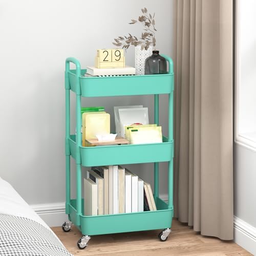 Sywhitta 3-Tier Plastic Rolling Utility Cart with Wheels for Storage, Green